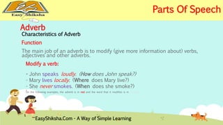 Adverb 
Characteristics of Adverb 
Function 
The main job of an adverb is to modify (give more information about) verbs, 
adjectives and other adverbs. 
Modify a verb: 
- John speaks loudly. (How does John speak?) 
- Mary lives locally. (Where does Mary live?) 
- She never smokes. (When does she smoke?) 
(In the following examples, the adverb is in red and the word that it modifies is in purple.) 
EasyShiksha.Com - A Way of Simple Learning 
Parts Of Speech 
 