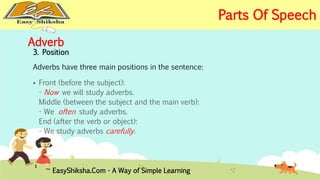 Adverb 
3. Position 
Adverbs have three main positions in the sentence: 
 Front (before the subject): 
- Now we will study adverbs. 
Middle (between the subject and the main verb): 
- We often study adverbs. 
End (after the verb or object): 
- We study adverbs carefully. 
EasyShiksha.Com - A Way of Simple Learning 
Parts Of Speech 
 