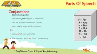 Conjunctions 
 Coordinating Conjunctions - 
are used to join two parts of a sentence 
that are grammatically equal. The two 
parts may be single words or clauses. 
E.g. 
 Jack and Jill went up the hill. 
 The water was warm but I didn't go swimming. 
F – For 
A – And 
N – Nor 
B – But 
O – Or 
Y – Yet 
S - So 
EasyShiksha.Com - A Way of Simple Learning 
Parts Of Speech 
 
