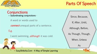 Conjunctions 
 Subordinating conjunctions - 
A word or words used to 
connect unequal parts of a sentence. 
E.g. 
I went swimming, although it was cold. 
Since, Because, 
If, After, Until, 
Although, Before, 
As Though, Though, 
When, Unless 
As 
EasyShiksha.Com - A Way of Simple Learning 
Parts Of Speech 
 