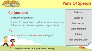 Conjunctions 
 Correlative Conjunctions – 
A pair of conjunctions used to show a comparison. 
(They are also known as paired conjunctions) 
E.g. 
Not only is she rich, but also intelligent. 
Both-and 
Either-or 
Neither-nor 
Since-therefore 
If-then 
Not only-but also 
EasyShiksha.Com - A Way of Simple Learning 
Parts Of Speech 
 