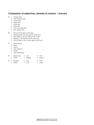 Comparison of adjectives, adverbs of manner – Answers 
A 1 stronger than 
ESO 2 Photocopiable ©B Burlington Books 
2 more beautiful than 
3 noisier than 
4 longer than 
5 better than 
6 hotter than 
7 more interesting than 
8 more famous than 
B 1 The girl is the tallest of the three. 
2 The pyramid is the most ancient of the three. 
3 This athlete is the best athlete in the world. 
4 February is the shortest month in the year. 
5 The red apple is the sweetest apple in the bowl. 
C 1 most brilliant 
2 better 
3 busiest 
4 most expensive 
5 rainier 
6 more frightening 
D 1 dangerously 3 fast 5 well 
2 nicely 4 happily 6 quietly 
E 1 hungrily 3 nice 5 loud 
2 slowly 4 well 6 softly 
