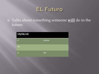    Talks about something someone will do in the
    future.

       ER/IR/AR

       é             emos

       ás

       á             án
 
