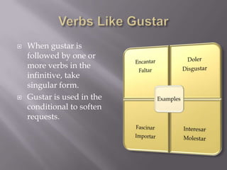    When gustar is
    followed by one or
    more verbs in the
    infinitive, take
    singular form.
   Gustar is used in the
    conditional to soften
    requests.
 