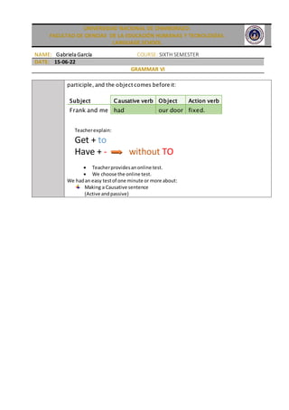 UNIVERSIDAD NACIONAL DE CHIMBORAZO.
FACULTAD DE CIENCIAS DE LA EDUCACIÓN HUMANAS Y TECNOLOGÍAS.
LANGUAGE SCHOOL
NAME: Gabriela García COURSE: SIXTH SEMESTER
DATE: 15-06-22
GRAMMAR VI
participle, and the object comes before it:
Subject Causative verb Object Action verb
Frank and me had our door fixed.
Teacherexplain:
Get + to
Have + - without TO
 Teacherprovidesanonline test.
 We choose the online test.
We hadan easy testof one minute or more about:
Making a Causative sentence
(Active andpassive)
 