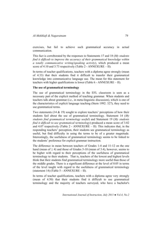 Al-Mekhlafi & Nagaratnam 79
International Journal of Instruction, July 2011 ● Vol.4, No.2
exercises, but fail to achieve such grammatical accuracy in actual
communication.
This fact is corroborated by the responses to Statements 17 and 18 (My students
find it difficult to improve the accuracy of their grammatical knowledge within
a totally communicative writing/speaking activity), which produced a mean
score of 4.10 and 3.73 respectively (Table 2 - ANNEXURE – II).
In terms of teacher qualifications, teachers with a diploma agree strongly (mean
of 4.33) that their students find it difficult to transfer their grammatical
knowledge into communicative language use. The mean for this statement for
teachers with higher qualifications is lower (Table 6 - ANNEXURE – II).
The use of grammatical terminology
The use of grammatical terminology in the EFL classroom is seen as a
necessary part of the explicit method of teaching grammar. When students and
teachers talk about grammar (i.e., in meta-linguistic discussion), which is one of
the characteristics of explicit language teaching (Stern 1992: 327), they need to
use grammatical terms.
Two statements (14 & 19) sought to explore teachers’ perceptions of how their
students feel about the use of grammatical terminology. Statement 14 (My
students find grammatical terminology useful) and Statement 19 (My students
find it difficult to use grammatical terminology) produced a mean score of 3.82
and 4.07 respectively (Table 2 - ANNEXURE – II). This indicates that, in the
responding teachers’ perception, their students see grammatical terminology as
useful, but find difficulty in using the terms to be of a greater magnitude.
Interestingly, the usefulness of grammatical terminology seems to be linked to
the students’ preference for explicit grammar instruction.
The difference in mean between teachers of Grades 1-4 and 11-12 on the one
hand (mean of ≥ 4) and those of Grades 5-10 (mean of 3.4), however, seems to
be higher with regard to their perceptions of the usefulness of grammatical
terminology to their students. That is, teachers of the lowest and highest levels
think that their students find grammatical terminology more useful than those of
the middle grades. There is a significant difference at the level of 0.05 in terms
of the level taught with regard to the usefulness of grammatical terminology
(statement 14) (Table 5 - ANNEXURE – II).
In terms of teacher qualifications, teachers with a diploma agree very strongly
(mean of 4.50) that their students find it difficult to use grammatical
terminology and the majority of teachers surveyed, who have a bachelor's
 