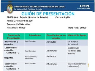 PROGRAMA:  Tutoría (Nombre de Tutoría)  Carrera: Inglés Fecha: 27 de abril de 2011 Docente: Paúl González Hora Inicio: 19H00  Hora Final: 20H00 GUIÓN DE PRESENTACIÓN  Puntos de la Presentación Intervienen Duración Aprox. en minutos Material de Apoyo - Introducción y propósito. Paúl González 2 minutos Sin material. Sin material. Desarrollo del contenido: Capítulos 1 – 2 Preguntas Paúl González Paúl González  y estudiantes 23 minutos 5 minutos Diapositivas (cambios cada minuto) Desarrollo del contenido: Capítulos 3 – 4 Preguntas Paúl González Paúl González  y estudiantes 22 minutos 5 minutos Diapositivas (cambios cada minuto) - Despedida (Contactos, Sugerencias) Paúl González 3 minutos Correo, teléfono, ext, horario de tutoría. 
