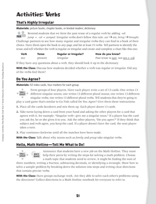 Activities: Verbs
                                                                                           That’s Highly Irregular
                                                                                           Materials: picture books, chapter books, or leveled readers; dictionary
                                                                                                    Remind students that we form the past tense of a regular verb by adding –ed:
                                                                                                    jump + –ed = jumped. Irregular verbs don’t follow this rule: eat       ate; bring     brought.
                                                                                           Challenge partners to see how many regular and irregular verbs they can find in a book of their
                                                                                           choice. Have them open the book to any page and list at least 15 verbs. Tell partners to identify the
                                                                                           tense and tell whether the verb is regular or irregular and create and complete a chart like this one:
                                                                                           	   Verb	         Tense	            Regular or Irregular?	                How do you know?
                                                                                           	   see	          present	          irregular	                            Past tense is saw, not see+–ed.
                                                                                           If they have any questions about a verb, they should look it up in the dictionary.
Grammar Activities That Really Grab 'Em © Sarah Glasscock, Scholastic Teaching Resources




                                                                                           With the Class: Discuss how students decided whether a verb was regular or irregular. Did any
                                                                                           of the verbs fool them?

                                                                                           Do You Agree?
                                                                                           Materials: 52 index cards, four markers for each group
                                                                                                      Form groups of four players. Have each player write a set of 13 cards: One writes 13
                                                                                                      different singular nouns; one writes 13 different plural nouns; one writes 13 different
                                                                                                      singular verbs; one writes 13 different plural verbs. Tell students that they’re going to
                                                                                           play a card game that’s similar to Go Fish called Do You Agree? Give them these instructions:
                                                                                           1.  lace all the cards facedown and mix them up. Each player draws 13 cards.
                                                                                              P
                                                                                           2.  ake turns laying down a card from your hand and asking the other players for a card that
                                                                                              T
                                                                                              agrees with it, for example: “Singular verb—give me a singular noun.” If a player has the card
                                                                                              you ask for, he or she gives it to you. Ask the other players, “Do you agree?” If they think that
                                                                                              subject and verb agree, you keep the card. If a player doesn’t have the card, the next player
                                                                                              takes a turn.
                                                                                           3.  lay continues clockwise until all the matches have been made.
                                                                                              P
                                                                                           With the Class: Talk about why nouns such as family and group take singular verbs.

                                                                                           Hello, Math Hotline—Tell Me What to Do!
                                                                                                                Announce that students have a new job on the Math Hotline. They must
                                                                                                                help their peers by writing the steps for solving a math problem. Choose
                                                                                                                a math topic that students need to review; it might be finding the sum of
                                                                                           three numbers, writing a fraction, subtracting decimals, or identifying a rectangle. Show how to
                                                                                           solve a sample problem by breaking down the solution into steps and writing clear directions
                                                                                           that contain precise verbs.
                                                                                           With the Class: Have groups exchange work. Are they able to solve each other’s problems using
                                                                                           the directions? Collect directions in a Math Hotline notebook for everyone to refer to.




                                                                                                                                                21
 