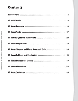 Contents

                                                                                           Introduction . .  .  .  .  .  .  .  .  .  .  .  .  .  .  .  .  .  .  .  .  .  .  .  .  .  .  .  .  .  .  .  .  .  .  .  .  .  .  .  .  .  .  .  .  .    4


                                                                                           All About Nouns .  .  .  .  .  .  .  .  .  .  .  .  .  .  .  .  .  .  .  .  .  .  .  .  .  .  .  .  .  .  .  .  .  .  .  .  .  .  .  .  .  .  .
                                                                                                            .                                                                                                                                      5


                                                                                           All About Pronouns . .  .  .  .  .  .  .  .  .  .  .  .  .  .  .  .  .  .  .  .  .  .  .  .  .  .  .  .  .  .  .  .  .  .  .  .  .  .  .  .            11


                                                                                           All About Verbs . .  .  .  .  .  .  .  .  .  .  .  .  .  .  .  .  .  .  .  .  .  .  .  .  .  .  .  .  .  .  .  .  .  .  .  .  .  .  .  .  .  .  . 17
Grammar Activities That Really Grab 'Em © Sarah Glasscock, Scholastic Teaching Resources




                                                                                           All About Adjectives and Adverbs . .  .  .  .  .  .  .  .  .  .  .  .  .  .  .  .  .  .  .  .  .  .  .  .  .  .  .                                     23


                                                                                           All About Prepositions . .  .  .  .  .  .  .  .  .  .  .  .  .  .  .  .  .  .  .  .  .  .  .  .  .  .  .  .  .  .  .  .  .  .  .  .                    29


                                                                                           All About Singular and Plural Nouns and Verbs .  .  .  .  .  .  .  .  .  .  .  .  .  .  .  .  .
                                                                                                                                          .                                                                                                       35


                                                                                           All About Subjects and Predicates . .  .  .  .  .  .  .  .  .  .  .  .  .  .  .  .  .  .  .  .  .  .  .  .  .  .  . 41

                                                                                           All About Phrases and Clauses . .  .  .  .  .  .  .  .  .  .  .  .  .  .  .  .  .  .  .  .  .  .  .  .  .  .  .  .  .  .                               47


                                                                                           All About Elaboration . .  .  .  .  .  .  .  .  .  .  .  .  .  .  .  .  .  .  .  .  .  .  .  .  .  .  .  .  .  .  .  .  .  .  .  .  .                  53


                                                                                           All About Sentences . .  .  .  .  .  .  .  .  .  .  .  .  .  .  .  .  .  .  .  .  .  .  .  .  .  .  .  .  .  .  .  .  .  .  .  .  .  .                 59
 