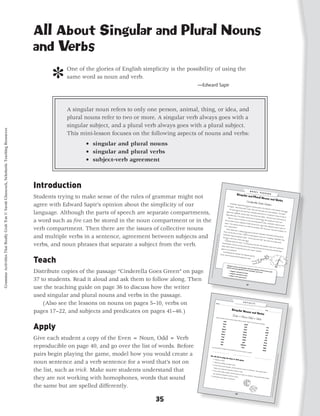 All About Singular and Plural Nouns
                                                                                           and Verbs

                                                                                                  ]    One of the glories of English simplicity is the possibility of using the
                                                                                                       same word as noun and verb.
                                                                                                                                                            —Edward Sapir




                                                                                                       A singular noun refers to only one person, animal, thing, or idea, and
                                                                                                       plural nouns refer to two or more. A singular verb always goes with a
                                                                                                       singular subject, and a plural verb always goes with a plural subject.
Grammar Activities That Really Grab 'Em © Sarah Glasscock, Scholastic Teaching Resources




                                                                                                       This mini-lesson focuses on the following aspects of nouns and verbs:
                                                                                                               • singular and plural nouns
                                                                                                               • singular and plural verbs
                                                                                                               • subject-verb agreement



                                                                                           Introduction
                                                                                           Students trying to make sense of the rules of grammar might not
                                                                                           agree with Edward Sapir’s opinion about the simplicity of our                                                                                 Cinderella
                                                                                                                                                                                                                                   her ﬁngers.
                                                                                                                                                                                                                                                     ’s stepmo
                                                                                                                                                                                                                                                   “Burn tho
                                                                                                                                                                                                                                                                   ther thro
                                                                                                                                                                                                                                                                 se peels,
                                                                                                                                                                                                                                                                            1
                                                                                                                                                                                                                                                                              ws her ban
                                                                                                                                                                                                                                                                                            ana peels
                                                                                                                                                                                                                                                                                                          in the dire
                                                                                                                                                                                                                                       The peels                            Cindy. The                                  ction of the
                                                                                                                                                                                                                                                                                          n clean the                                    ﬁreplace

                                                                                           language. Although the parts of speech are separate compartments,
                                                                                                                                                                                                                                                    land on the                                          ashes out                                 and snaps
                                                                                                                                                                                                                                  apple pee           2              clean ﬂoo                                          of the ﬁre
                                                                                                                                                                                                                                              ls, eggshe                          r. Cinder                                          place,” she
                                                                                                                                                                                                                                                           lls, and pea                     ella places                                                     1
                                                                                                                                                                                                                                                                                                           them in a                                orders.
                                                                                                                                                                                                                                 Stepmoth                                  pods. She                                      metal pot
                                                                                                                                                                                                                                             er Dear.                                    curtsies and                                  on top of
                                                                                                                                                                                                                                                        The smo                                          replies, “W                               a pile of
                                                                                                                                                                                                                                                                     ke is bad                                            e don’t bur
                                                                                                                                                                                                                                    There is                                     for the air

                                                                                           a word such as fire can be stored in the noun compartment or in the
                                                                                                                                                                                                                                                a smear                                       and the lan                               n trash any
                                                                                                                                                                                                                                                           of banana                                           d. We com                              more,
                                                                                                                                                                                                                               this out wh                               on one of                                           post our
                                                                                                                                                                                                                                              en her two                               the stepmo            3
                                                                                                                                                                                                                                                                                                                                         trash now
                                                                                                                                                                                                                                                             stepsisters                              ther’s chin                                    .”
                                                                                                                                                                                                                               paper. “Th                                  bustle into                               s. Cinder
                                                                                                                                                                                                                                            e king has                                    the room.                             ella is abo
                                                                                                                                                                                                                                                          invited us                                    One of the                           ut to poi
                                                                                                                                                                                                                              sure—will                                 to a ball!                                                                      nt

                                                                                           verb compartment. Then there are the issues of collective nouns                                                                                 be there!”                                His handso            4             stepsisters
                                                                                                                                                                                                                                                                                                   me son,                             waves a
                                                                                                                                                                                                                                                                                                                the prince—                      piece of
                                                                                                                                                                                                                                 Three we                                                                                       my future
                                                                                                                                                                                                                                              eks later,                                                                                     husband,
                                                                                                                                                                                                                                                         a happy                                                                                          I’m
                                                                                                                                                                                                                             shoes, she                               group goe
                                                                                                                                                                                                                                          sits down                                 s to the bal
                                                                                                                                                                                                                                                       to relax.         5                       l. Cinder

                                                                                           and multiple verbs in a sentence, agreement between subjects and
                                                                                                                                                                                                                            Godmoth                                 A puff of                                 ella is left
                                                                                                                                                                                                           Grammar




                                                                                                                                                                                                                                        er steps thro                          smoke app                                    behind. Kic
                                                                                                                                                                                                                                                        ugh the                               ears in the                                 king off
                                                                                                                                                                                                                                                                                                                                                    her
                                                                                                                                                                                                                           The mice                                 smoke. “Ti                                room. Cou
                                                                                                                                                                                                                                       in the cor                                 me to go                                   ghing, Cin
                                                                                                                                                                                                     Activities




                                                                                                                                                                                                                                  6                ner of the                                 to the bal                                  derella’s
                                                                                                                                                                                                                               Cinderella                         room duc                                 l!” She wa                               Fairy
                                                                                                                                                                                                                                            shakes her                        k.                                          ves her ma
                                                                                                                                                                                                                                                                                                                                         gic wand.

                                                                                           verbs, and noun phrases that separate a subject from the verb.
                                                                                                                                                                                                                                                          head. “I’m 7
                                                                                                                                                                                                 That Reall




                                                                                                                                                                                                                          recycled                                        not going
                                                                                                                                                                                                                                    paper! And                                          to the bal
                                                                                                                                                                                                                                                    do you kno                                      l. The inv
                                                                                                                                                                                                                         drafty cas                                w how mu                                       itation wa
                                                                                                                                                                                            y Grab ‘Em!,




                                                                                                                                                                                                                                    tle? What                                    ch energy                                     sn’t even
                                                                                                                                                                                                                                                  I’d really                                   the king                                     printed on
                                                                                                                                                                                                                        appear in                              like you                                    uses to hea
                                                                                                                                                                                                                                    our backya                            to do is ma                                      t and coo
                                                                                                                                                                                                                                                  rd.”                                   ke a win                                      l that hug
                                                                                                                                                                                                                                                                                                   dmill                                           e,
                                                                                                                                                                                       Grades 3–5




                                                                                                                                                                                                                            Cinderella
                                                                                                                                                                                                                                         got her win
                                                                                                                                                                                                                       prince. Alm                      dmill. Her




                                                                                           Teach
                                                                                                                                                                                                                                    ost everyo                        stepsister
                                                                                                                                                                                                                                                                                    got the
                                                                                                                                                                                   © 2010 by




                                                                                                                                                                                                                                                  ne lived
                                                                                                                                                                                                                                                             happily eve
                                                                                                                                                                                                                                                                            r after.
                                                                                                                                                                              Sarah Glass
                                                                                                                                                                         cock, Schol




                                                                                           Distribute copies of the passage “Cinderella Goes Green” on page
                                                                                                                                                                     astic Teach
                                                                                                                                                                  ing Resou




                                                                                           37 to students. Read it aloud and ask them to follow along. Then
                                                                                                                                                                 rces




                                                                                           use the teaching guide on page 36 to discuss how the writer
                                                                                           used singular and plural nouns and verbs in the passage.
                                                                                           	 (Also see the lessons on nouns on pages 5–10, verbs on                                            Name ___
                                                                                                                                                                                                        ______                     _________
                                                                                                                                                                                                                                                _________
                                                                                                                                                                                                                                                            _________
                                                                                                                                                                                                                                                                         _________
                                                                                                                                                                                                                                                                                      _________

                                                                                           pages 17–22, and subjects and predicates on pages 41–46.)                                                                                                                                              _______
                                                                                                                                                                                                                                                                                                                Date ___
                                                                                                                                                                                                                                                                                                                         ______                            ________



                                                                                                                                                                                                Some wo
                                                                                                                                                                                                                          rds can be
                                                                                                                                                                                                                                       used as nou
                                                                                                                                                                                                                                                      ns and as
                                                                                                                                                                                                                                                                   verbs. Her




                                                                                           Apply
                                                                                                                                                                                                                                                                             e’s a list
                                                                                                                                                                                                                                                                                          of some
                                                                                                                                                                                                                                                                                                     of them.




                                                                                           Give each student a copy of the Even = Noun, Odd = Verb
                                                                                           reproducible on page 40, and go over the list of words. Before         Can you
                                                                                                                                                                                                            think of
                                                                                                                                                                                                                            three mo
                                                                                                                                                                                                                                       re words
                                                                                                                                                                   _________                                                                       that can
                                                                                                                                                                                                                                                              be nouns

                                                                                           pairs begin playing the game, model how you would create a
                                                                                                                                                                                                                     _________                                            or verbs?
                                                                                                                                                                                                                                _____
                                                                                                                                                                                                                                                _________
                                                                                                                                                                                                                                                                                                                                                                             rces




                                                                                                                                                                                                                                                              _________
                                                                                                                                                                                                                                                                           _____
                                                                                                                                                                                                                                                                                                                                                                         ing Resou




                                                                                                                                                                                                                                                                                           _________
                                                                                                                                                                                                                                                                                                        _________
                                                                                                                                                                                                                                                                                                                      _____

                                                                                           noun sentence and a verb sentence for a word that’s not on
                                                                                                                                                                                                                                                                                                                                                                    astic Teach
                                                                                                                                                                                                                                                                                                                                                               cock, Schol




                                                                                           the list, such as trick. Make sure students understand that
                                                                                                                                                                                                                                                                                                                                                           Sarah Glass
                                                                                                                                                                                                                                                                                                                                                     2010 by




                                                                                           they are not working with homophones, words that sound
                                                                                                                                                                                                                                                                                                                                                  s 3–5 ©
                                                                                                                                                                                                                                                                                                                                             ‘Em!, Grade




                                                                                           the same but are spelled differently.
                                                                                                                                                                                                                                                                                                                                       Really Grab
                                                                                                                                                                                                                                                                                                                                          That
                                                                                                                                                                                                                                                                                                                               Activities
                                                                                                                                                                                                                                                                                                                             Grammar




                                                                                                                                          35
 