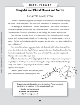 MODEL PASSAGE

                                                                                                       Singular and Plural Nouns and Verbs

                                                                                                                           Cinderella Goes Green
                                                                                           	   Cinderella’s stepmother throws her banana peels in the direction of the fireplace and snaps
                                                                                                                            1                                                           1
                                                                                           her fingers. “Burn those peels, Cindy. Then clean the ashes out of the fireplace,” she orders.
                                                                                           	   The peels land on the clean floor. Cinderella places them in a metal pot on top of a pile of
                                                                                                            2
                                                                                           apple peels, eggshells, and pea pods. She curtsies and replies, “We don’t burn trash anymore,
                                                                                           Stepmother Dear. The smoke is bad for the air and the land. We compost our trash now.”
Grammar Activities That Really Grab 'Em © Sarah Glasscock, Scholastic Teaching Resources




                                                                                                                                                      3
                                                                                           	   There is a smear of banana on one of the stepmother’s chins. Cinderella is about to point
                                                                                           this out when her two stepsisters bustle into the room. One of the stepsisters waves a piece of
                                                                                                                                                      4
                                                                                           paper. “The king has invited us to a ball! His handsome son, the prince—my future husband, I’m
                                                                                           sure—will be there!”
                                                                                           	   Three weeks later, a happy group goes to the ball. Cinderella is left behind. Kicking off her
                                                                                                                                5
                                                                                           shoes, she sits down to relax. A puff of smoke appears in the room. Coughing, Cinderella’s Fairy
                                                                                           Godmother steps through the smoke. “Time to go to the ball!” She waves her magic wand.
                                                                                           The mice in the corner of the room duck.
                                                                                                 6                                  7
                                                                                           	   Cinderella shakes her head. “I’m not going to the ball. The invitation wasn’t even printed on
                                                                                           recycled paper! And do you know how much energy the king uses to heat and cool that huge,
                                                                                           drafty castle? What I’d really like you to do is make a windmill
                                                                                           appear in our backyard.”
                                                                                           	   Cinderella got her windmill. Her stepsister got the
                                                                                           prince. Almost everyone lived happily ever after.




                                                                                                        Singular nouns and singular verbs go together. Plural nouns and
                                                                                                        plural verbs go together. In this passage, you’ll see:
                                                                                                        	       • singular and plural nouns
                                                                                                        	       • singular and plural verbs
                                                                                                        	       • subject-verb agreement



                                                                                                                                              37
 