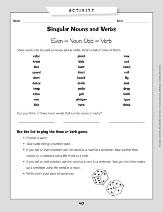ACTIVITY

Name _____________________________________________________________         Date _________________


                       Singular Nouns and Verbs

                           Even = Noun, Odd = Verb
  Some words can be used as nouns and as verbs. Here’s a list of some of them.
  	          color	                            plant	                            row
  	          train	                            kick	                             cut
  	           fire	                            hunt	                             smell




                                                                                                    Grammar Activities That Really Grab 'Em © Sarah Glasscock, Scholastic Teaching Resources
  	          speed	                            blast	                            roll
  	          dart	                             knock	                             fly
  	          dance	                            drink	                            sink
  	          trap	                             smile	                            drop
  	          stole	                             yell	                            bark
  	           ram	                            whisper	                           type
  	           fish	                            turn	                             drink

  Can you think of three more words that can be nouns or verbs?

  	 _______________________	       _______________________	          _______________________


  Use the list to play the Noun or Verb game.
      • Choose a word.
      • Take turns rolling a number cube.
      • f you roll an even number, use the word as a noun in a sentence. Your partner then
        I
        makes up a sentence using the word as a verb.
      • f you roll an odd number, use the word as a verb in a sentence. Your partner then makes
        I
        up a sentence using the word as a noun.
      • Write down your pairs of sentences.




                                                40
 