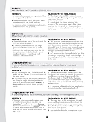 Subjects
The subject tells who or what the sentence is about.

KEY POINTS                                               TEACHING WITH THE MODEL PASSAGE
•  sentence has a subject and a predicate. They
  A                                                      1 The simple subject of this sentence is stack,
  must agree with each other.                            which is singular. The complete subject is a stack
•  he most important part of the subject is the
  T                                                      of blueberry pancakes.
  noun or pronoun (the simple subject).                  5 Spatula Sal is the simple subject of this
•  complete subject contains the simple subject
  A                                                      sentence. The pronoun she is part of the clause
  and all the words that go with it. 	                   since she was a tiny, little girl. This clause has a
                                                         subject and a predicate, but it doesn’t make sense
                                                         on its own.

Predicates
The predicate tells what the subject is or does.




                                                                                                                    Grammar Activities That Really Grab 'Em © Sarah Glasscock, Scholastic Teaching Resources
KEY POINTS                                               TEACHING WITH THE MODEL PASSAGE
•  he most important part of the predicate is the
  T                                                      6 This sentence has two pronouns and two verbs,
  verb (the simple predicate).                           but it only has one subject and one predicate: She
•  complete predicate contains the simple
  A                                                      was. The complete predicate (was so hungry that
  predicate and all the words that go with it.           she couldn’t wait for the cook to fry her eggs) contains
                                                         the clause that she couldn’t wait for the cook to fry
•  ake sure that students understand that the
  M                                                      her eggs, which can’t stand on its own.
  dependent clauses in Points 5 and 6 cannot
  stand on their own—even though each                    8 Sal’s is a contraction that stands for Sal has. This
  contains a subject and a verb.                         contraction contains the simple subject and part of
                                                         the simple predicate. The entire simple predicate
                                                         is has been.

Compound Subjects
A compound subject has two or more subjects joined by a coordinating conjunction—
and, or, but.
KEY POINTS                                               TEACHING WITH THE MODEL PASSAGE
•  f and joins subjects, use a plural predicate: My
  I                                                      3 The compound subjects in this sentence are
  sister and her friends were screaming during           hamburgers and hot dogs. Separating the sentences
  the scary movie.                                       would mean repeating the same words: Ten
•  f or joins the subjects, the subject right before
  I                                                      hamburgers sizzle on the grill. Ten hot dogs sizzle
  the verb (the simple predicate) determines             on the grill. Good writers try to avoid repetition—
  whether it is singular or plural: My sister or         unless they want to repeat words for emphasis or
  her friend was screaming during the scary              rhythmic effect.
  movie.                                                 4 A compound subject joined by the coordinating
                                                         conjunction and always takes a plural verb.


Compound Predicates
A compound predicate has two or more predicates joined by a coordinating conjunction.

KEY POINTS                                               TEACHING WITH THE MODEL PASSAGE
•  he verbs in the compound predicate must
  T                                                      2 The main verbs in this sentence are look and
  always be the same tense: My sister was                count, and they form a compound predicate. You
  screaming during the scary movie, throwing             could rewrite this sentence as two sentences: As
  her popcorn into the air, and spilling her bottle      I eat, I look up in the air. I count 12 pieces of French
  of water. Point out that the auxiliary verb, in        toast and 24 slices of bacon.
  this case was, doesn’t have to be repeated with        7 Both toddled and climbed are past-tense verbs.
  each verb.	


                                                        42
 