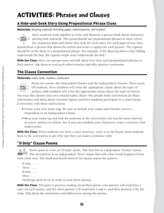 ACTIVITIES: Phrases and Clauses
                                                                                           A Hide-and-Seek Story Using Prepositional Phrase Clues
                                                                                           Materials: drawing materials including paper, colored pencils, and markers
                                                                                                      Have students work together to write and illustrate a picture book about characters
                                                                                                      playing hide and seek. The group should use prepositional phrases to show where
                                                                                                      the characters hide and where they look for each other. For each page of text, they
                                                                                           should draw a picture that shows the action and write a caption for each picture. The caption
                                                                                           should be in the form of a prepositional phrase. For example, if the drawing shows a boy hiding
                                                                                           underneath the bed, the caption might read “underneath the bed.”
                                                                                           With the Class: Have two groups meet and talk about how they used prepositional phrases in
                                                                                           their stories. Ask them to read each other’s stories and offer positive comments.
Grammar Activities That Really Grab 'Em © Sarah Glasscock, Scholastic Teaching Resources




                                                                                           The Clause Convention
                                                                                           Materials: index cards, markers, safety pins
                                                                                                     Form two teams—the Dependent Clauses and the Independent Clauses. Then count
                                                                                                     off students. Even numbers will write the appropriate clause about the topic of
                                                                                                     pickles. Odd numbers will write the appropriate clause about the topic of onions.
                                                                                           You may also choose your own related topics. Share why people hold conventions (to share
                                                                                           information and ideas about common topics) and have students participate in a class Clause
                                                                                           Convention with these instructions:
                                                                                           	   • Create your own name tags. Be sure to include your name and whether you’re a
                                                                                                 
                                                                                                 Dependent or an Independent Clause.
                                                                                           	   •  ear your name tag and look for someone at the convention who has the same interest
                                                                                                 W
                                                                                                 as yours—pickles or onions. See if you can combine your clauses to create a sentence that
                                                                                                 makes sense.
                                                                                           With the Class: When students can form a clear sentence, write it on the board. Send students
                                                                                           back to the convention to see who else they can make a sentence with.

                                                                                           “If Only” Clause Poems
                                                                                                   Direct pairs to write an “If only” poem. The first line is a dependent “if only” clause.
                                                                                                   The second line is an independent “then” clause that tells what would happen if their
                                                                                           wish came true. The third and fourth lines of the stanza repeat the pattern:
                                                                                           	   If only . . .,
                                                                                           	   Then . . . .
                                                                                           	   If only . . .,
                                                                                           	   Then . . . .
                                                                                           	   Challenge pairs to try to write at least three stanzas.
                                                                                           With the Class: Tell pairs to practice reading aloud their poem—one partner will read lines 1
                                                                                           and 3 in each stanza, and the other partner will read lines 2 and 4—and then perform it for the
                                                                                           class. Talk about the similarities and differences among the poems.


                                                                                                                                                51
 