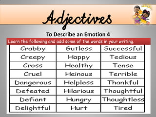 AdjectivesTo Describe an Emotion 4
Learn the following and add some of the words in your writing.
 