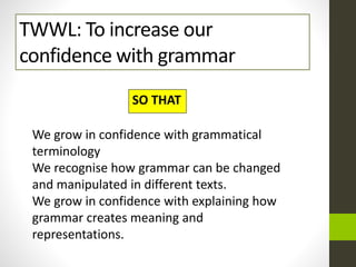 TWWL: To increase our
confidence with grammar
SO THAT
We grow in confidence with grammatical
terminology
We recognise how grammar can be changed
and manipulated in different texts.
We grow in confidence with explaining how
grammar creates meaning and
representations.
 