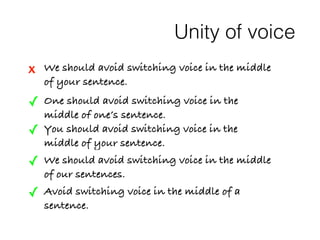 Unity of voice 
x We should avoid switching voice in the middle 
of your sentence. 
✓ One should avoid switching voice in the 
middle of one’s sentence. 
✓ You should avoid switching voice in the 
middle of your sentence. 
✓ We should avoid switching voice in the middle 
of our sentences. 
✓ Avoid switching voice in the middle of a 
sentence. 
 