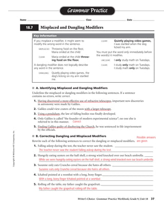 Writer’s Choice: Grammar Practice Workbook, Grade 9, Unit 18 37
Name ...................................................................................... Class .................................................. Date ................................
■ A. Identifying Misplaced and Dangling Modifiers
Underline the misplaced or dangling modifiers in the following sentences. If a sentence
contains no errors, write correct.
1. Having discovered a more effective use of refractive telescopes, important new discoveries
in astronomy were made by Galileo.
2. Galileo could view craters of the moon with a larger telescope.
3. Using a pendulum, the law of falling bodies was finally developed.
4. Only Galileo is called “the founder of modern experimental science”; no one else is
referred to in this manner.
5. Finding Galileo guilty of disobeying the Church, he was sentenced to life imprisonment
by the officials.
■ B. Correcting Dangling and Misplaced Modifiers
Rewrite each of the following sentences to correct the dangling or misplaced modifiers.
1. Falling asleep during the test, the teacher never saw the student. ___________________________
_________________________________________________________________________________
2. Hungrily eating oysters on the half shell, a strong wind knocked over our beach umbrella. ______
_________________________________________________________________________________
3. Suzanne only eats Cruncho cereal because she hates all others. _____________________________
_________________________________________________________________________________
4. Ichabod pointed at a wombat with a long, bony finger.____________________________________
_________________________________________________________________________________
5. Rolling off the table, my father caught the grapefruit._____________________________________
_________________________________________________________________________________
Grammar Practice
18.7 Misplaced and Dangling Modifiers
Copyright
©
McGraw-Hill
Companies,
Inc.
If you misplace a modifier, it might seem to
modify the wrong word in the sentence.
MISPLACED: Throwing food on the floor,
Maria smiled at the child.
CLEAR: Maria smiled at the child throw-
ing food on the floor.
A dangling modifier does not logically describe
any word in the sentence.
DANGLING: Quietly playing video games, the
dog’s licking on my arm startled
me.
CLEAR: Quietly playing video games,
I was startled when the dog
licked my arm.
You must put the word only immediately before
the word(s) it modifies.
UNCLEAR: I only study math on Tuesdays.
CLEAR: I study only math on Tuesdays.
I study math only on Tuesdays.
Key Information
Correct
Possible answers
are given.
The teacher never saw the student falling asleep during the test.
While we were hungrily eating oysters on the half shell, a strong wind knocked over our beach umbrella.
Suzanne eats only Cruncho cereal because she hates all others.
With a long, bony finger Ichabod pointed at a wombat.
My father caught the grapefruit rolling off the table.
 