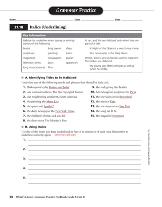 50 Writer’s Choice: Grammar Practice Workbook, Grade 9, Unit 21
■ A. Identifying Titles to Be Italicized
Underline any of the following words and phrases that should be italicized.
1. Shakespeare’s play Romeo and Juliet 9. the rock group the Beatles
2. our national anthem, The Star-Spangled Banner 10. Michelangelo’s sculpture the Pietà
3. our neighboring continent, South America 11. the television series Bewitched
4. the painting the Mona Lisa 12. the musical Cats
5. the spacecraft Apollo 7 13. the television series Star Trek
6. the daily newspaper the New York Times 14. the song Let It Be
7. the children’s rhyme Jack and Jill 15. the magazine Seventeen
8. the short story The Monkey’s Paw
■ B. Using Italics
Use five of the items you have underlined in Part A in sentences of your own. Remember to
underline correctly again.
1. _________________________________________________________________________________
_________________________________________________________________________________
2. _________________________________________________________________________________
_________________________________________________________________________________
3. _________________________________________________________________________________
_________________________________________________________________________________
4. _________________________________________________________________________________
_________________________________________________________________________________
5. _________________________________________________________________________________
_________________________________________________________________________________
Name ...................................................................................... Class .................................................. Date ................................
Grammar Practice
21.10 Italics (Underlining)
Copyright
©
McGraw-Hill
Companies,
Inc.
Italicize (or underline when typing or writing)
names of the following:
books long poems ships
sculptures paintings trains
magazines newspapers planes
television series plays spacecraft
long musical works films
A, an, and the are italicized only when they are
part of a title.
A Night at the Opera is a very funny movie.
Our newspaper is the Daily News.
Words, letters, and numerals used to represent
themselves are italicized.
My young son often confuses p with g
when he writes.
Key Information
Sentences will vary.
 