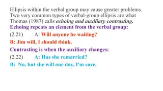 Ellipsis within the verbal group may cause greater problems.
Two very common types of verbal-group ellipsis are what
Thomas (1987) calls echoing and auxiliary contrasting.
Echoing repeats an element from the verbal group:
(2.21) A: Will anyone be waiting?
B: Jim will, I should think.
Contrasting is when the auxiliary changes:
(2.22) A: Has she remarried?
B: No, but she will one day, I'm sure.
 
