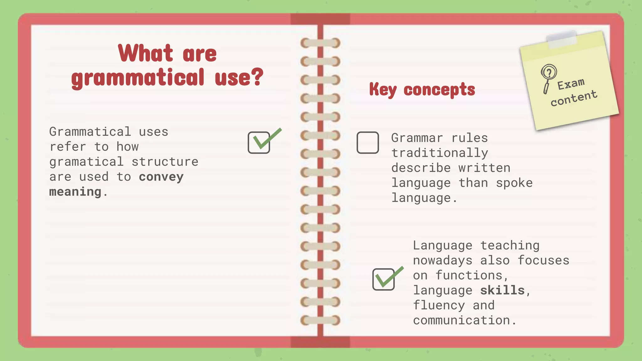 What are
grammatical use?
Grammatical uses
refer to how
gramatical structure
are used to convey
meaning.
Key concepts
Grammar rules
traditionally
describe written
language than spoke
language.
Language teaching
nowadays also focuses
on functions,
language skills,
fluency and
communication.
 