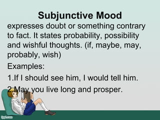 Subjunctive Mood
expresses doubt or something contrary
to fact. It states probability, possibility
and wishful thoughts. (if, maybe, may,
probably, wish)
Examples:
1.If I should see him, I would tell him.
2.May you live long and prosper.
 