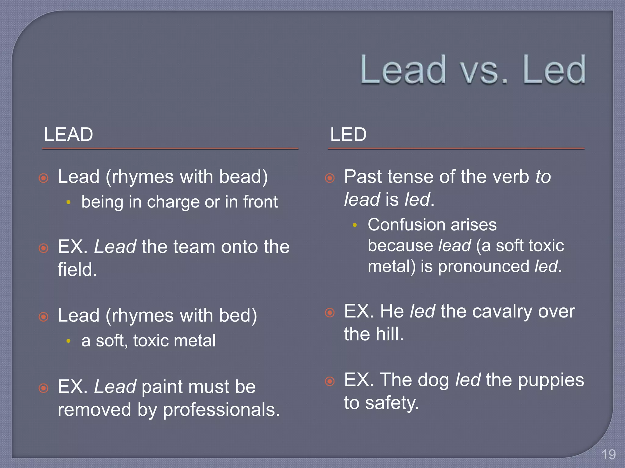 LEAD LED 
 Lead (rhymes with bead) 
• being in charge or in front 
 EX. Lead the team onto the 
field. 
 Lead (rhymes with bed) 
• a soft, toxic metal 
 EX. Lead paint must be 
removed by professionals. 
 Past tense of the verb to 
lead is led. 
• Confusion arises 
because lead (a soft toxic 
metal) is pronounced led. 
 EX. He led the cavalry over 
the hill. 
 EX. The dog led the puppies 
to safety. 
19 
 