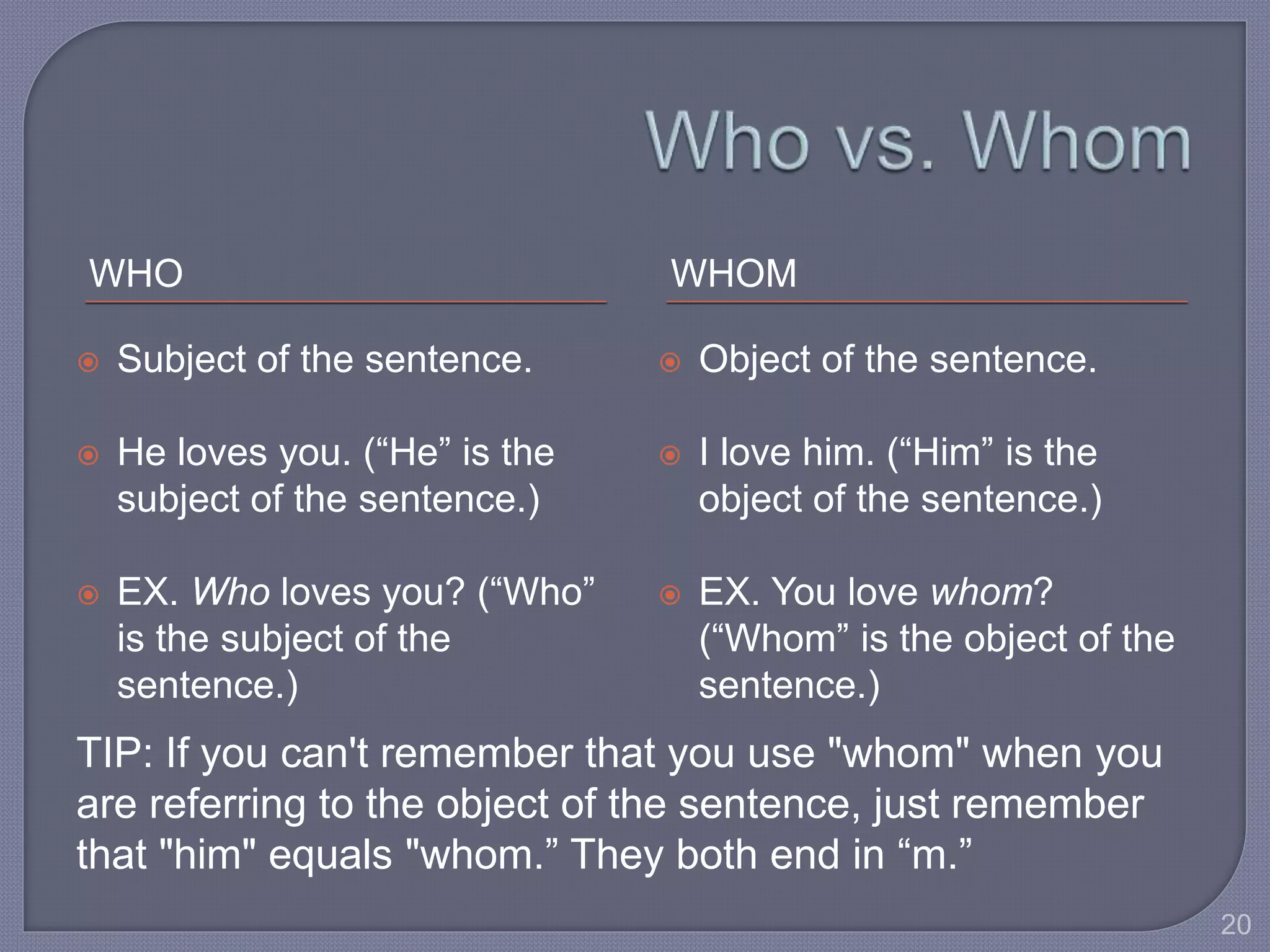WHO WHOM 
 Subject of the sentence. 
 He loves you. (“He” is the 
subject of the sentence.) 
 EX. Who loves you? (“Who” 
is the subject of the 
sentence.) 
 Object of the sentence. 
 I love him. (“Him” is the 
object of the sentence.) 
 EX. You love whom? 
(“Whom” is the object of the 
sentence.) 
TIP: If you can't remember that you use "whom" when you 
are referring to the object of the sentence, just remember 
that "him" equals "whom.” They both end in “m.” 
20 
 
