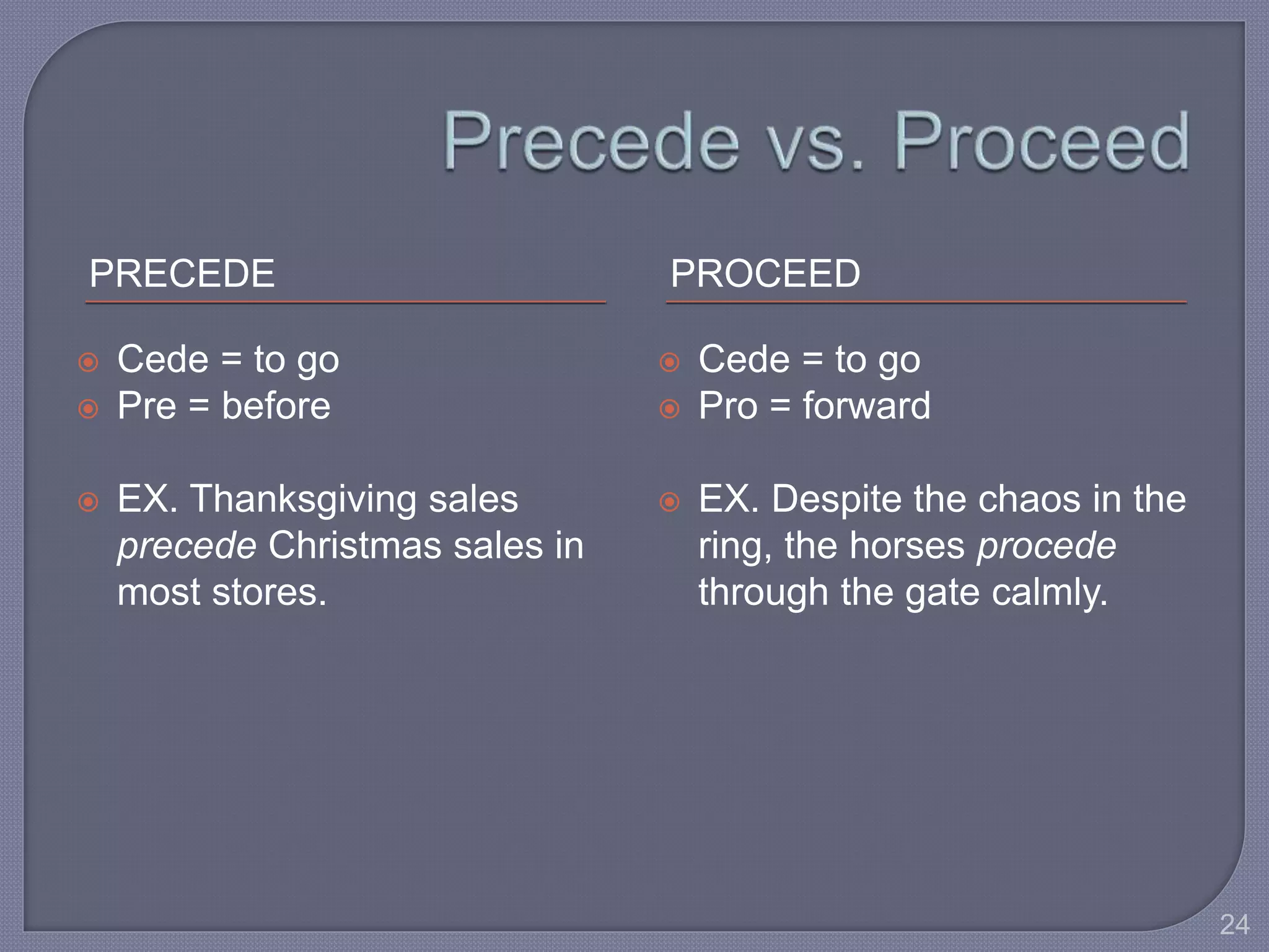 PRECEDE PROCEED 
 Cede = to go 
 Pre = before 
 EX. Thanksgiving sales 
precede Christmas sales in 
most stores. 
 Cede = to go 
 Pro = forward 
 EX. Despite the chaos in the 
ring, the horses procede 
through the gate calmly. 
24 
 