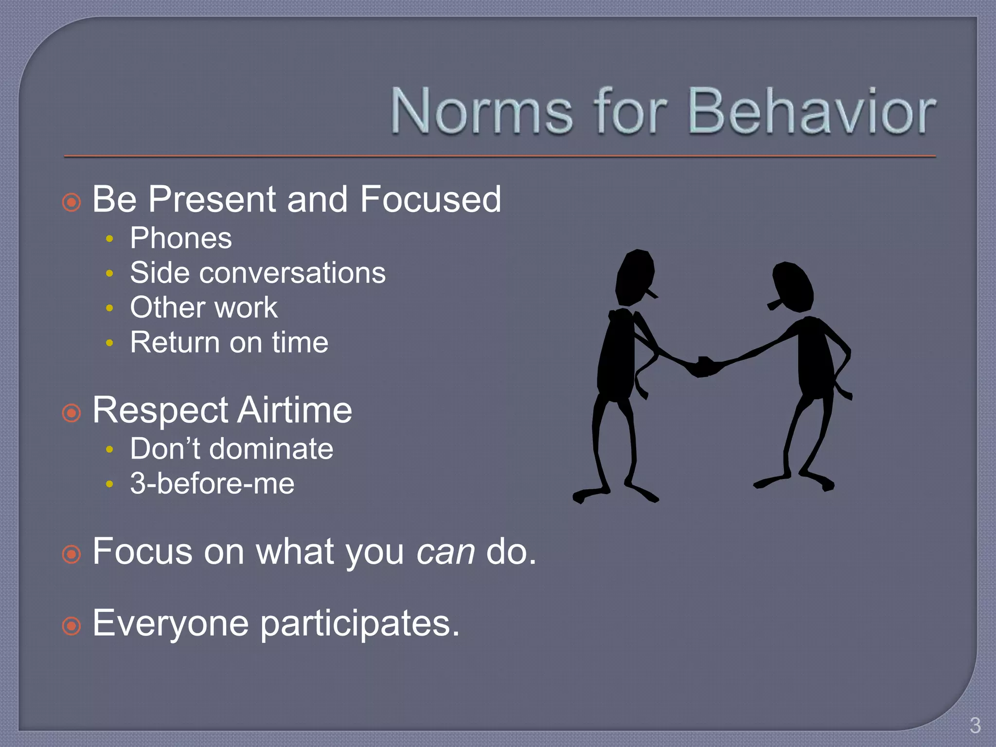  Be Present and Focused 
• Phones 
• Side conversations 
• Other work 
• Return on time 
 Respect Airtime 
• Don’t dominate 
• 3-before-me 
 Focus on what you can do. 
 Everyone participates. 
3 
 