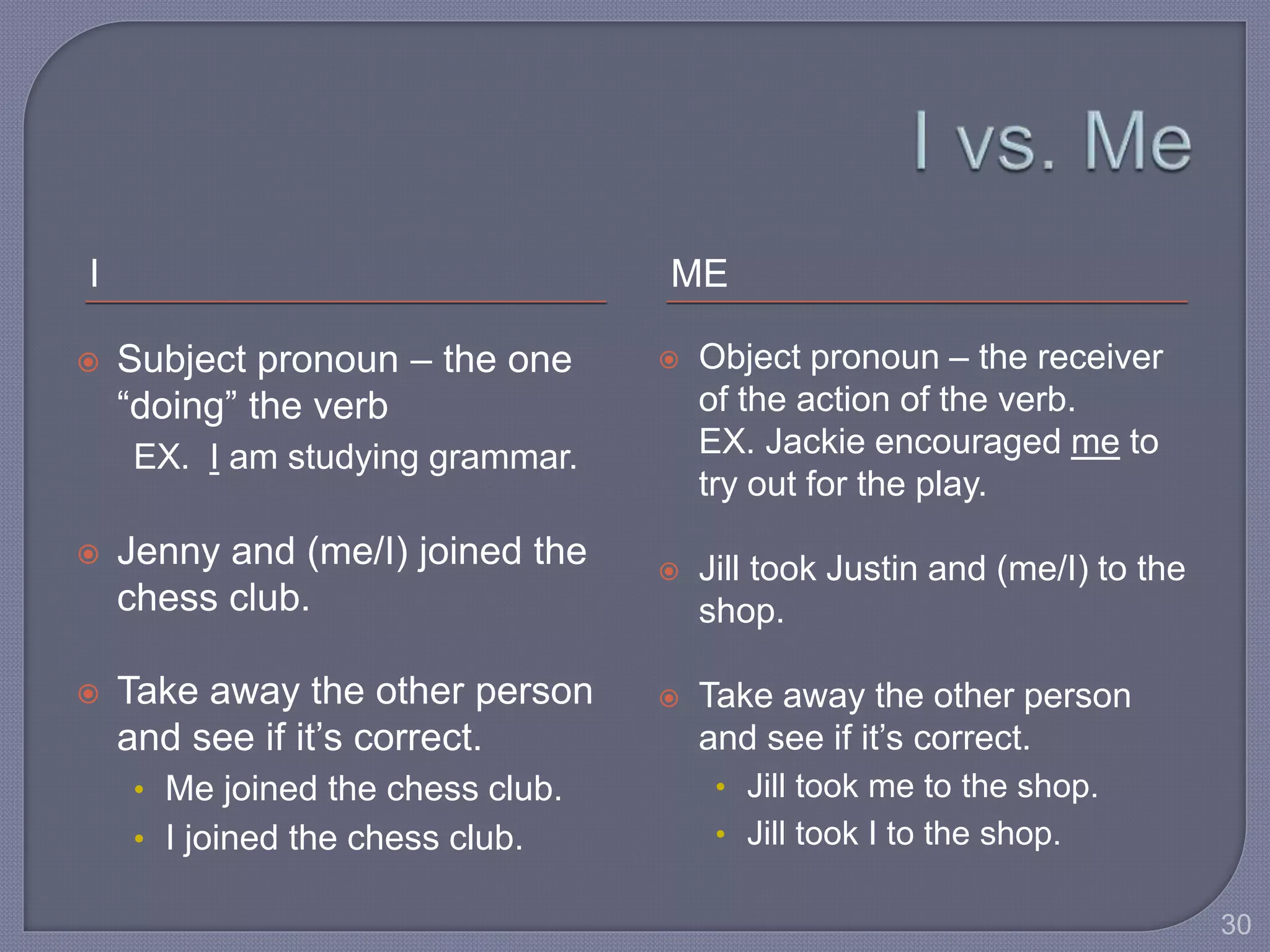 I ME 
 Subject pronoun – the one 
“doing” the verb 
EX. I am studying grammar. 
 Jenny and (me/I) joined the 
chess club. 
 Take away the other person 
and see if it’s correct. 
• Me joined the chess club. 
• I joined the chess club. 
 Object pronoun – the receiver 
of the action of the verb. 
EX. Jackie encouraged me to 
try out for the play. 
 Jill took Justin and (me/I) to the 
shop. 
 Take away the other person 
and see if it’s correct. 
• Jill took me to the shop. 
• Jill took I to the shop. 
30 
 