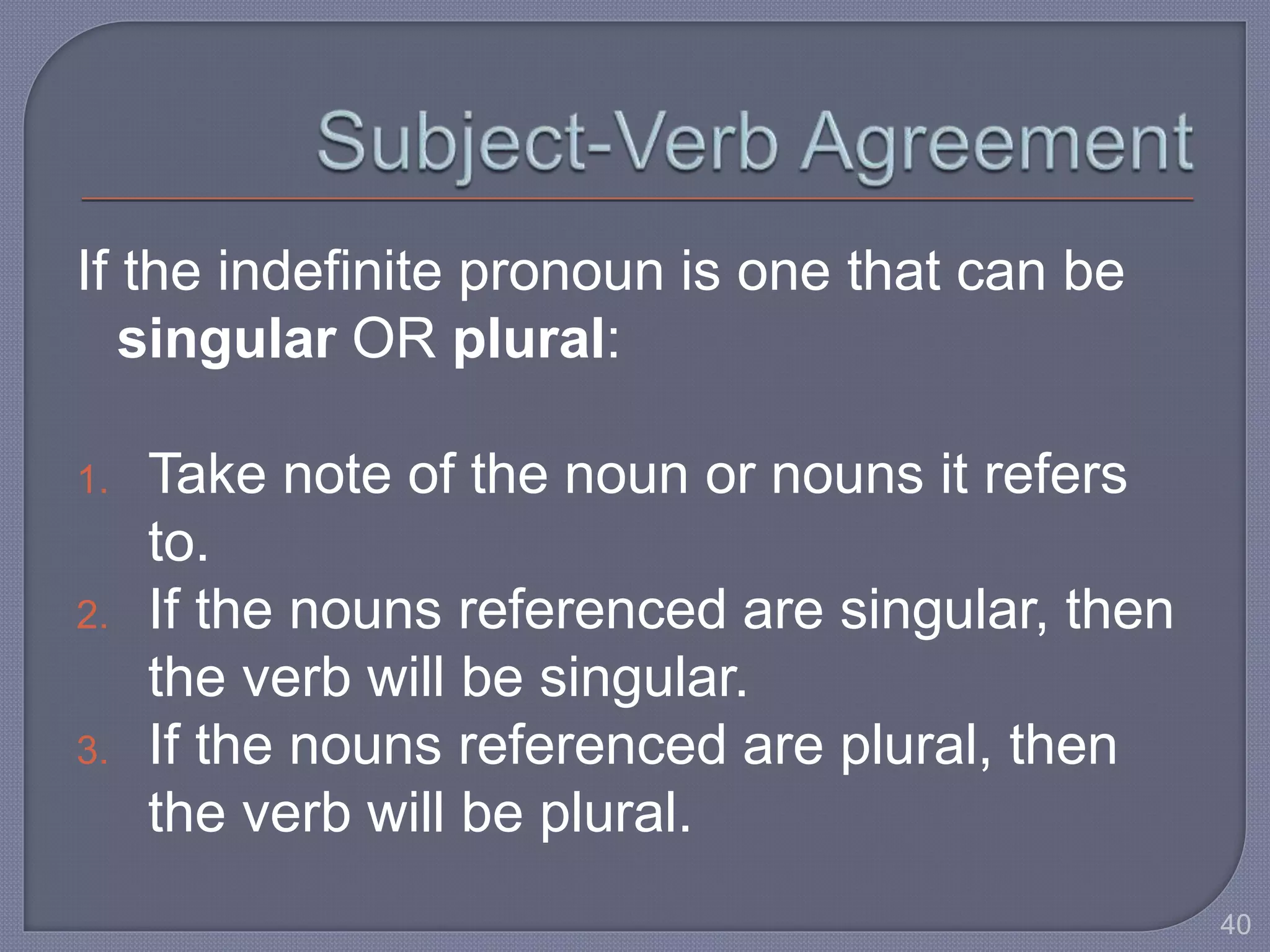 If the indefinite pronoun is one that can be 
singular OR plural: 
1. Take note of the noun or nouns it refers 
to. 
2. If the nouns referenced are singular, then 
the verb will be singular. 
3. If the nouns referenced are plural, then 
the verb will be plural. 
40 
 