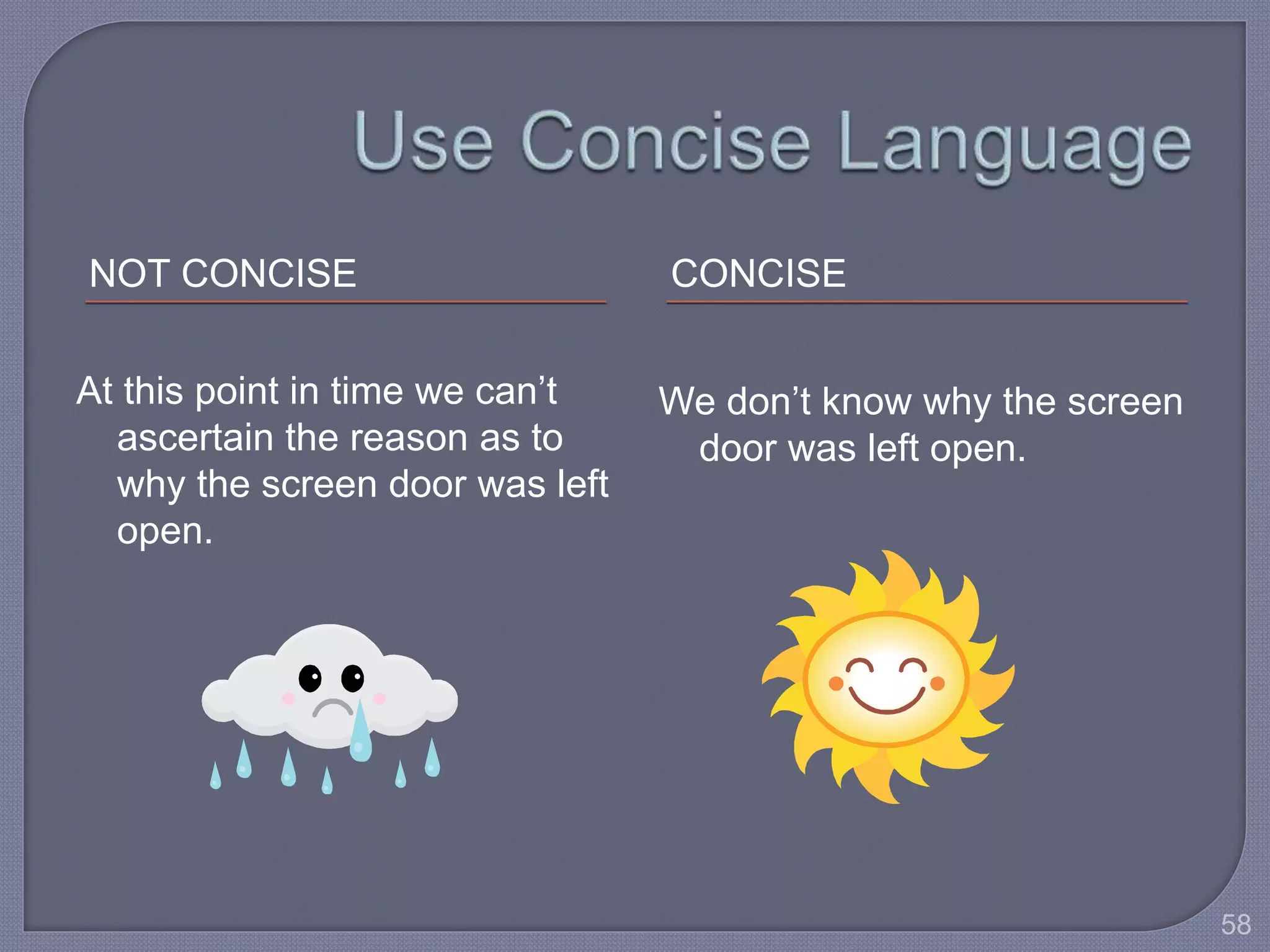 NOT CONCISE CONCISE 
At this point in time we can’t 
ascertain the reason as to 
why the screen door was left 
open. 
We don’t know why the screen 
door was left open. 
58 
 