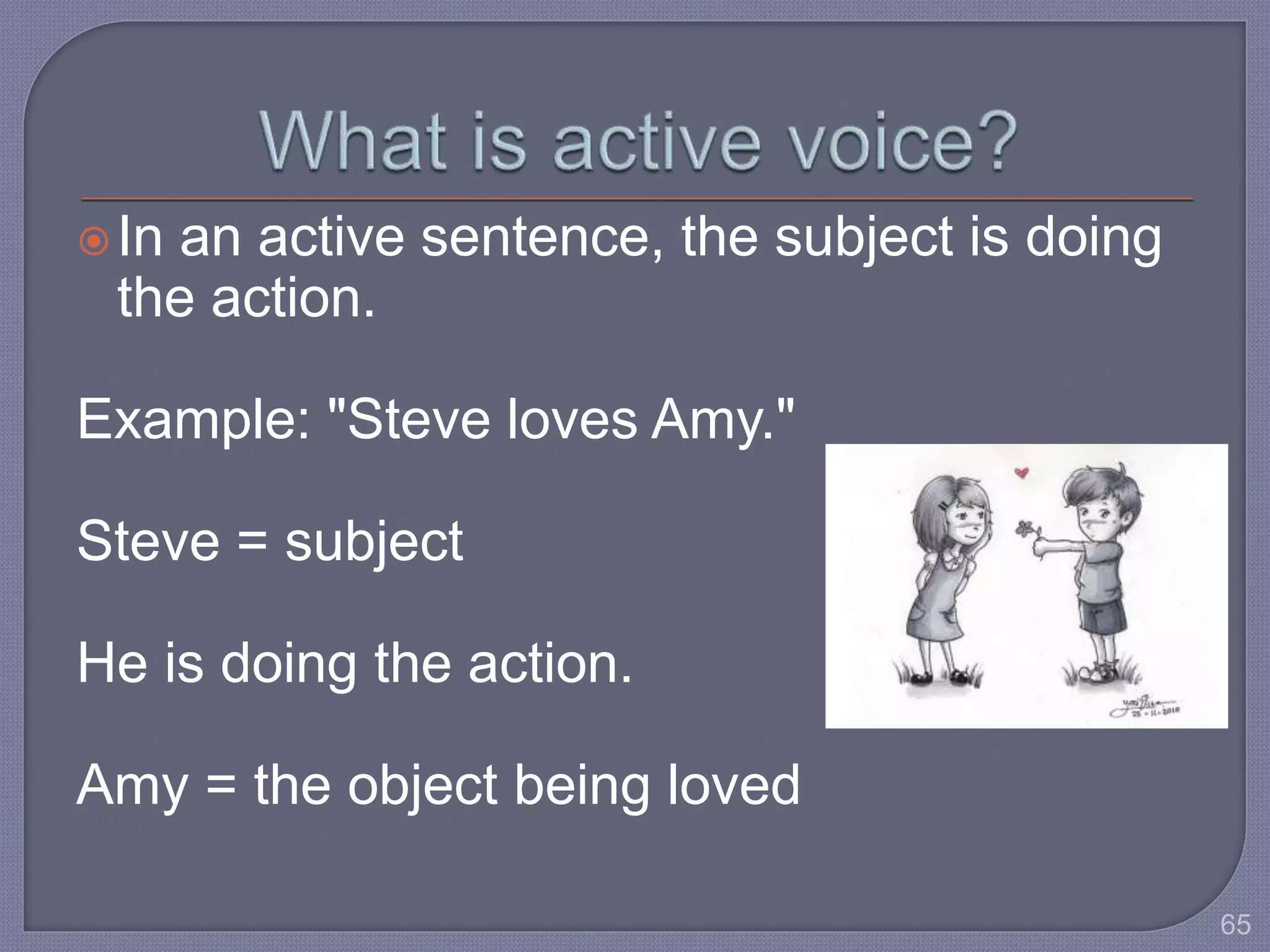 In an active sentence, the subject is doing 
the action. 
Example: "Steve loves Amy." 
Steve = subject 
He is doing the action. 
Amy = the object being loved 
65 
 