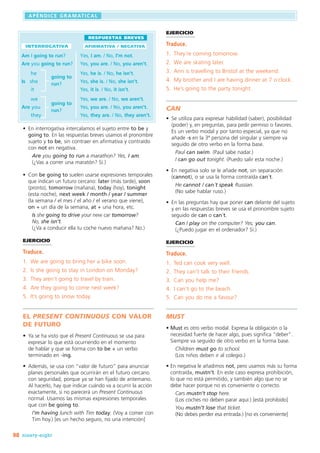 98
APENDICE GRAMATICAL
,
ninety-eight
INTERROGATIVA
Am I going to run?
Are you going to run?
he
Is   she
it
we
Are you
they
aFIRMATIVA / NEGATIVa
Yes, I am. / No, I’m not.
Yes, you are. / No, you aren’t.
Yes, he is. / No, he isn’t.
Yes, she is. / No, she isn’t.
Yes, it is. / No, it isn’t.
Yes, we are. / No, we aren’t.
Yes, you are. / No, you aren’t.
Yes, they are. / No, they aren’t.
going to
run?
going to
run?
Respuestas breves
•	 En interrogativa intercalamos el sujeto entre to be y 	
going to. En las respuestas breves usamos el pronombre	
sujeto y to be, sin contraer en afirmativa y contraído
con not en negativa.
Are you going to run a marathon? Yes, I am.	
(¿Vas a correr una maratón? Sí.)
•	 Con be going to suelen usarse expresiones temporales
que indican un futuro cercano: later (más tarde), soon
(pronto), tomorrow (mañana), today (hoy), tonight
(esta noche), next week / month / year / summer
(la semana / el mes / el año / el verano que viene), 	
on + un día de la semana, at + una hora, etc.
Is she going to drive your new car tomorrow?
No, she isn’t.
(¿Va a conducir ella tu coche nuevo mañana? No.)
EJERCICIO
Traduce.
1.	 We are going to bring her a bike soon.
2.	 Is she going to stay in London on Monday?
3.	 They aren’t going to travel by train.
4.	 Are they going to come next week?
5.	 It’s going to snow today.
EL PRESENT CONTINUOUS CON VALOR
DE FUTURO
•	 Ya se ha visto que el Present Continuous se usa para
expresar lo que está ocurriendo en el momento
de hablar y que se forma con to be + un verbo
terminado en -ing.
•	 Además, se usa con “valor de futuro” para anunciar
planes personales que ocurrirán en el futuro cercano
con seguridad, porque ya se han fijado de antemano.
Al hacerlo, hay que indicar cuándo va a ocurrir la acción
exactamente, si no parecerá un Present Continuous
normal. Usamos las mismas expresiones temporales
que con be going to.
I’m having lunch with Tim today. (Voy a comer con
Tim hoy.) [es un hecho seguro, no una intención]
EJERCICIO
Traduce.
1.	 They´re coming tomorrow.
2.	 We are skating later.
3.	 Ann is travelling to Bristol at the weekend.
4.	 My brother and I are having dinner at 7 o´clock.
5.	 He’s going to the party tonight.
CAN
•	 Se utiliza para expresar habilidad (saber), posibilidad
(poder) y, en preguntas, para pedir permiso o favores.
Es un verbo modal y por tanto especial, ya que no
añade -s en la 3ª persona del singular y siempre va
seguido de otro verbo en la forma base.
Paul can swim. (Paul sabe nadar.)
I can go out tonight. (Puedo salir esta noche.)
•	 En negativa solo se le añade not, sin separación
(cannot), o se usa la forma contraída can´t.
He cannot / can´t speak Russian.
(No sabe hablar ruso.)
•	 En las preguntas hay que poner can delante del sujeto
y en las respuestas breves se usa el pronombre sujeto
seguido de can o can´t.
Can I play on the computer? Yes, you can.
(¿Puedo jugar en el ordenador? Sí.)
EJERCICIO
Traduce.
1.	 Ted can cook very well.
2.	 They can’t talk to their friends.
3.	 Can you help me?
4.	 I can’t go to the beach.
5.	 Can you do me a favour?
MUST
• Must es otro verbo modal. Expresa la obligación o la
necesidad fuerte de hacer algo, pues significa “deber”.
Siempre va seguido de otro verbo en la forma base.
Children must go to school. 	
(Los niños deben ir al colegio.)
• En negativa le añadimos not, pero usamos más su forma	
contraída, mustn’t. En este caso expresa prohibición,
lo que no está permitido, y también algo que no se
debe hacer porque no es conveniente o correcto.
Cars mustn’t stop here. 	
(Los coches no deben parar aquí.) [está prohibido]
You mustn’t lose that ticket. 	
(No debes perder esa entrada.) [no es conveniente]
 