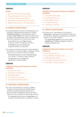 100
APENDICE GRAMATICAL
,
one hundred
EJERCICIO
Traduce.
1.	 He musn’t smoke inside the school.
2.	 They don’t have to tell us their secret.
3.	 You musn’t tell lies to your parents.
4.	 Mary doesn’t have to bring you a present.
5.	 We don’t have to go to the cinema by bus.
EL PRIMER CONDICIONAL
• Las condicionales son oraciones compuestas por una
proposición subordinada que expresa la condición
(conditional clause) y una principal que indica el
resultado (result clause). No importa el orden en que
se coloquen las proposiciones, pero si la condición va
primero se suele poner una coma entre ambas.
If you win the race, you’ll get the prize. 	
(Si ganas la carrera, conseguirás el premio.)
He’ll catch the bus if he hurries up. 	
(Cogerá el autobús si se da prisa.)
• En el primer condicional usamos if + Present Simple en
la condición y un verbo con will en el resultado. Expresa
qué ocurrirá si se cumple la condición señalada.
If they don’t come, my mother won’t be happy. 	
(Si no vienen, mi madre no estará contenta.)
She will call me if she needs help. 	
(Me llamará si necesita ayuda.)
EJERCICIO
Completa las frases para formarlas con el primer
condicional.
1.	 If you eat too much, ...............
2.	 He will go to the doctor if ...............
3.	 Sue will get tired if ...............
4.	 If I invite you to my party, ...............
5.	 Your parents will be worried if ...............
EL SEGUNDO CONDICIONAL
• Se usa if + Past Simple en la condición y would +
el verbo en la forma base en el resultado. Expresa
condiciones hipotéticas referidas al presente, es
decir, que es poco probable que ocurran; por eso lo
traducimos como un pretérito imperfecto de subjuntivo.
If he earned enough money, he would buy a car. 	
(Si ganara suficiente dinero, se compraría un coche.)
EJERCICIO
Completa las frases para formarlas con el segundo
condicional.
1.	 If my brother had a dog, ...............
2.	 I would go with you if ...............
3.	 Sarah wouldn’t come if ...............
4.	 If it rained tomorrow, ...............
5.	 If they gave us the key, ...............
EL TERCER CONDICIONAL
• Se forma con if + Past Perfect en la condición y
would have + participio en el resultado. En este caso
la condición es totalmente imposible, pues se refiere al
pasado y ya no puede realizarse.
You would have passed the exam if you had
studied harder. (Habrías aprobado el examen si
hubieras estudiado más.)
EJERCICIO
Completa las frases para formarlas con el tercer
condicional.
1.	 We would have won if ...............
2.	 If my neighbour had been quiet, ...............
3.	 If Todd had taken the bus, ...............
4.	 She wouldn’t have been nervous if ...............
5.	 If you hadn’t met your teacher, ...............
 
