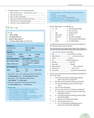 GRAMMAR REFERENCE
2 C h a n g e s e n te n c e s 1-6 to m a k e q u e stio n s.
1 H e c a n 't d riv e a ca r. Can ke drive a car?______________
2 You c a n sw im w ell. ______________________________________
3 S h e c a n rid e a m o to rb ik e . _______________________________
4 T h ey c a n 't u n d e rs ta n d th e in s tru c tio n s . ________________
5 T h is p h o n e c a n ta k e p h o to g ra p h s . ______________________
6 T h ey c a n 't u s e a c o m p u te r w ell. _________________________
• When we use like + noun we usually use the plural form of
the noun.
I like dogs. NOT I like dog.
She loves children. NOT She loves o child.
• Some nouns do not add -s, e.g. music, food, coffee.
I like Japanese music. NOT I like Japanese-mttsies-
7 .3 like + -ing
• We use like + verb + -ing to talk about hobbies and interests.
He likes playing tennis. We like taking photographs.
• We use like + noun to talk about things we like.
I like dolphins. She likes music.
• We use love and hate in the same way we use like.
He loves making things. They hate cars.
S p e llin g ru le s
• We usually add -ing to the infinitive form of the verb.
read -* reading, go -» going, study -* studying
• For verbs ending in -e, we delete -e and add -ing.
drive -* driving, make -» making
• For verbs ending in one vowel and one consonant, e.g. get,
run, shop, travel, etc., we double the final consonant.
shop -* shopping, travel -* travelling
1 M a tc h b e g in n in g s 1-7 to e n d in g s a-g .
1 b W e a d o n 't lik e g a rd e n in g .
2 ___ I b love d a n c in g .
3 ___ S h e c h e lik e m usic?
4 ___ W h a t d o e s d h e like?
5 ___ W h a t d o e y o u lik e trav e llin g ?
6 ___ D o f h a te s p la y in g v id e o g am es.
7 ___ D o es g y o u lik e d o in g ?
3 P u t th e c o n v e rsa tio n b e tw e e n M u stafa (M ) a n d S ally (S) in
th e c o rre c t o rd er.
a ___ M I lik e w a tc h in g TV a n d p la y in g c o m p u te r
g a m e s. D o y o u lik e co m p u te rs?
b 1 M Sally, w h a t d o y o u lik e d o in g a t w e ek en d s?
c ___ M T h ey lik e g e ttin g u p late a n d lis te n in g to
m u sic.
d ___ M N o, I h a te sh o p p in g !
e ___ M I see. D o y o u se e y o u r frie n d s a t w e ek en d s?
f ___ S N ot really . I u s e th e m at w o rk , b u t I d o n ’t like
u sin g th e m at h o m e.
g ___ S I lik e p la y in g s p o rts a n d b e in g a t h o m e . W h a t
d o y o u lik e d o in g ?
h ___ S W h a t d o y o u r frie n d s lik e d o in g ?
i J0_ S I love g e ttin g u p late, too.
j ___ S Yes, w e s o m e tim e s go s h o p p in g o r go to
re s ta u ra n ts . D o you lik e sh o p p in g ?
129
GR7.3)))
1 l like travelling.
2 She d o e s n 't lik e cats.
3 D oes she lik e going out?
4 What d o you lik e doing in your free time?
2 C o m p le te th e s e n te n c e s w ith th e c o rre c t fo rm o f like a n d
th e -ing fo rm o f th e v e rb s in th e box.
be do (x2) get go make play read ride watch
1 I like being a t h o m e o n S u n d ay s.
2 S h e _____________________o u t o n F rid ay e v e n in g s.
3 W h a t d o y o u _____________________in y o u r fre e tim e?
4 I d o n 't_____________________ co m ics.
5 H e _____________________fo o tb a ll a n d te n n is .
6 D o th e y _________________________bicycles?
7 D o e s s h e ________________________ th in g s?
8 W h a t d o e s h e _____________________a t th e w e ek en d ?
9 S h e d o e s n 't_______________________s p o rto n TV.
10 T h ey d o n ’t ____________________ u p e a rly at th e w eek en d .
P o s itiv e (+)
i/Y o u /w e /T h e y lik e sw im m ing.
He/She/lt lik e s cats.
N e g a tiv e (-)
i/Y o u /w e /T h e y d o n 't
lik e
running.
He/She/lt d o e s n 't apples.
Yes/No q u e s tio n s (?) S h o rt a n s w e rs
D o you lik e reading? Yes, l do./N o, l d o n 't (do not).
D oes he lik e books?
Yes, he does./N o, he d o e s n 't
(does not).
wh- q u e s tio n s (?)
W h a t
d o you
lik e doing?
does she
 