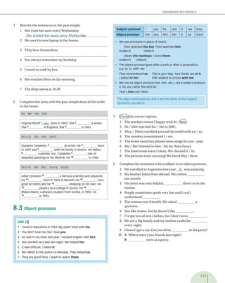 GRAMMAR REFERENCE
1 R ew rite th e se n te n c e s in th e p a s t sim p le.
1 S h e v isits h e r a u n t e v e ry W e d n e sd a y
She, visite d h e r a u n t every Wednesday._______________
2 H e u s e s h is n ew la p to p in th e lesso n .
3 T h ey love A m ste rd a m .
4 You a lw a y s re m e m b e r m y b irth d a y .
5 I tra v e l to w o rk by bus.
6 S h e w a tc h e s film s in th e m o rn in g .
7 T h e sh o p o p e n s a t 10.30.
2 C o m p le te th e te x ts w ith th e p a s t sim p le fo rm o f th e v e rb s
in th e boxes.
Virginia Woolf1 was bom in 1882. She2_________a writer.
She 3_________in England. She 4_________ in 1941.
be (x3) die live paint
Giovanni Canaletto 5_________an artist. He 6_________ born
in 1697 and 7_________with his family in Venice. His father
8_________a painter, too. Canaletto9_________ lots of
beautiful paintings in his lifetime. He 10_________in 1768.
be (x4) die like marry study
Albert Einstein 11_________a famous scientist and physicist.
He 12_________born in 1879 in Munich. He 13_________ very
good at maths and he 14_________studying on his own. He
15_________physics at a college in Zurich. He 16_________
Mileva Marie, a physics student from Serbia, in 1903. He
17 in 1955.
8 .3 Object pronouns
GR8.3)))
1 I lived in Barcelona in 1969. My sister lived with m e.
2 You don’t love me, but I love you.
3 He was in my class last year. I studied English with him .
4 She worked very late last night. We helped her.
5 it was difficult. I hated it!
6 We talked to the police on Monday. They helped us.
7 They are good films. I want to watch th e m .
S u b je c t p ro n o u n I you he she it we they
O b je c t p ro n o u n me you him her it us them
• We use pronouns in place of nouns.
Theo watched the boy. Theo watched him.
(subject) (object)
I loved the monkeys. I loved them.
(subject) (object)
• The object pronoun goes after a verb or after a preposition,
e.g. to, in, with, etc.
They remembered us. This is your bag. Your books are in it
l talked to her Elfie walked to school w ith me.
• We use an object pronoun (me, him, etc.), not a subject pronoun
(/, he, etc.) after the verb be.
That's him over there.
The object pronouns you and it are the same as the subject
pronouns you and it.
1 ^ i r d e)th e c o rre c t o p tio n .
1 T h e te a c h e rs w e re n 't h a p p y w ith he /(him).
2 H e/H im m a rrie d her/sh em 2007.
3 They/ Them tra v e lle d a ro u n d th e w o rld w ith w e/us.
4 T h e m o n k e y re m e m b e re d 1 / me.
5 T h e s tre e t m u sic ia n p lay ed so m e so n g s for you / your.
6 She / Her liste n e d to him / his for th re e h o u rs.
7 T h e h o te l ro o m w a sn 't cle a n . W e c le a n e d it/ its.
8 T h e p ic tu re s w e re a m a z in g ! W e lo v ed they / them.
2 C o m p lete th e se n te n c e s w ith a su b ject o r a n o b ject p ro n o u n .
1 W e tra v e lle d to A rg e n tin a la st y ear. It w as a m a z in g .
2 M y b ro th e r Jo h an liv es a b ro a d . W e v is ite d ____________
la st m o n th .
3 H is s iste r w as v ery h e lp fu l.____________ d ro v e u s to th e
sta tio n .
4 P eo p le s o m e tim e s sp e a k v ery fast a n d I c a n 't
u n d e r s ta n d ____________ .
5 T h e w o m a n w a s friendly. W e a s k e d ____________ a
q u e stio n .
6 You lik e A n to n , b u t h e d o e s n ’t lik e ____________ .
7 I'v e g o t lo ts o f n e w c lo th es, b u t 1d o n ’t w e a r ____________ .
8 W e a re a b ig fa m ily a n d m y m o th e r co o k s fo r ___________
e v e ry n ig h t.
9 I h a v e n ’t got a car. C an you d riv e ____________to th e p arty ?
10 A W h e re w e re y o u r frie n d s la st n ig h t?
B ____________ w e re a t a p a rty .
131
be be die live
 