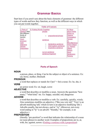 Grammar Basics<br />Start here if you aren't sure about the basic elements of grammar: the different types of words and how they function, as well as the different ways in which you can put words together.<br />Table of ContentsI. Parts of Speech (aka the different kinds of words)nounpronounverbadjectiveadverbprepositionII. Putting Words Togetherphraseprepositional phrasesentencedeclarative sentenceinterrogatory sentenceimperative sentencerun-on sentencesentence fragmentIII. More about VerbsActive vs. PassiveConjugationTensesIV. MiscellaneousDirect Object vs. Indirect ObjectPersonNoun DeclensionParsing<br /> <br />Parts of Speech<br />NOUN<br />a person, place, or thing. Can be the subject or object of a sentence. Ex: cat, horse, mother, Denmark<br />PRONOUN<br />a word that replaces or stands for (quot;
proquot;
 = for) a noun. Ex: he, she, it<br />VERB<br />an action word. Ex: sit, laugh, screw<br />ADJECTIVE<br />a word that describes or modifies a noun. Answers the questions quot;
how many,quot;
 quot;
what kind,quot;
 etc. Ex: happy, suicidal, red, dangerous<br />ADVERB<br />a word that describes or modifies a verb. Ex: carefully, quickly, wisely. Also sometimes modifies an adjective. (quot;
She was very tall.quot;
 'Very' is an adverb modifying 'tall,' which in turn is an adjective modifying 'she'.) Adverbs usually, but not always, end in quot;
-lyquot;
. (However, not every word ending in quot;
lyquot;
 is an adverb: quot;
friendly,quot;
 for example, is an adjective.)<br />PREPOSITION<br />(literally quot;
pre-positionquot;
) a word that indicates the relationship of a noun (or noun phrase) to another word. Examples of prepositions are to, at, with, for, against, across. (Ending a sentence with a preposition)<br />Putting Words Together<br />PHRASE<br />an expression (can be a single word, but usually more) which contains a single thought but is not necessarily a complete sentence. Words make up phrases; phrases make up sentences. By some definitions, a phrase cannot contain a verb.<br />PREPOSITIONAL PHRASE<br />A phrase beginning with a preposition. Heh, heh. You could have figured that out, right? Example:<br />I am sitting in the bushes.quot;
I am sittingquot;
 is a complete sentence unto itself; it contains a subject (quot;
Iquot;
) and a verb (quot;
am sittingquot;
). The phrase quot;
in the bushesquot;
 is a prepositional phrase (quot;
inquot;
 being the preposition) that expands upon the basic concept.<br />SENTENCE<br />the basic unit of writing. A sentence should have a subject and a predicate. The subject is the noun to which the sentence's verb refers; the predicate is the verb plus whatever other parts modify or elaborate on it. Example:<br />My mother sings.quot;
Myquot;
 is a possessive pronoun; quot;
motherquot;
 is the subject (noun); quot;
singsquot;
 is the verb.<br />There are several types of sentences. The major ones are:<br />DECLARATIVE<br />The majority of sentences are declarative. A declarative sentence makes a statement. This sentence is declarative, as are the previous two.<br />INTERROGATORY<br />An interrogatory sentence asks a question. Do you understand that? Which of these sentences is an example?<br />IMPERATIVE<br />An imperative sentence gives a command. Ex: quot;
Shut up and kiss me.quot;
 Note that an imperative sentence does not require a subject; the pronoun quot;
youquot;
 is implied.<br />RUN-ON SENTENCE<br />A sentence that is too long and should be broken into two or more sentences. One sentence should present one basic concept; if it presents more than that, it may be a run-on. A large number of quot;
andquot;
s, quot;
butquot;
s, and similar joining words is one warning sign of a run-on.<br />SENTENCE FRAGMENT<br />A phrase that is acting like a sentence but is incomplete. Examples:<br />My favorite color.This is not a sentence because it contains no verb. Walking very slowly.This is not a sentence because it contains no noun. On the table.This is not a sentence because it contains neither a verb nor a subject.<br />Sentence fragments are acceptable as answers to direct questions:<br />quot;
Where is my sword?quot;
 quot;
In the bushes.quot;
<br />More about Verbs<br />PASSIVE vs. ACTIVE VERBS<br />A verb is active when the subject performs the verb. A verb is passive when the subject is the recipient of the verb. In general, passive verb construction is considered quot;
wimpyquot;
 or nonspecific.<br />Xena was watched by the villagers. Xena is the subject of the sentence, but the verb is quot;
watchquot;
 and Xena is not doing the watching; therefore the verb is passive and quot;
the villagersquot;
 is the object. This construction is not ideal.The villagers watched Xena. Now the villagers are the subject, Xena is the direct object, and the verb is active. This is better than the previous example.<br />CONJUGATION<br />To conjugate a verb is to state the form the verb takes for each person. For example, to conjugate the verb quot;
to havequot;
 (in the present tense) you say quot;
I have, you have, he/she/it has, we have, y'all have, they have.quot;
<br />TENSES<br />I assume we all know what past, present and future are. Most verbs take different forms depending on tense. For example, quot;
I eatquot;
 is present, quot;
I atequot;
 is past and quot;
I will eatquot;
 is future.<br />In addition, every verb has a past participle (p.p.). Use a form of quot;
to havequot;
 plus the p.p. to indicate nonspecific past events.<br />Example: The p.p. of quot;
to eatquot;
 is quot;
eaten.quot;
 For a specific event, use quot;
atequot;
: quot;
Yesterday I ate an apple for lunch.quot;
 For something that happened in the past at an unspecified time, or over a period of time, use quot;
havequot;
 plus the p.p.: quot;
I have eaten many apples in my lifetime.quot;
 For double-past (talking about something that happened before something else in the past) use quot;
hadquot;
 plus the p.p.: quot;
Yesterday Xena offered me an apple for dinner, but I had eaten one for lunch, so I had an orange instead.quot;
<br />Most (but certainly not all!) past participles end in -en, e.g. eaten, spoken, ridden.<br />Miscellaneous<br />DIRECT vs. INDIRECT OBJECT<br />An object is a noun that is the recipient of the verb in the sentence. It's easier to demonstrate than to explain:<br />Xena grabbed her sword. <br />Xena is the subject, because she performs the verb. quot;
Grabbedquot;
 is the verb; quot;
herquot;
 is a possessive pronoun; the sword is the direct object because the grabbing is performed upon it.<br />Xena put her sword on the table. <br />Xena is the subject; quot;
putquot;
 is the verb; the sword is the direct object; the table is the indirect object.<br />PERSON<br />Tells whom the speaker (or writer) is speaking (or writing) about. The majority of stories are written in the third person singular: quot;
Xena woke up. She was hungry, so she started a fire and made pancakes.quot;
<br />Some stories (notably quot;
If on a winter's night a travelerquot;
 by Italo Calvino; also all those quot;
Choose Your Adventurequot;
 books we loved when we were kids) are written in the second person: quot;
You look around and see Xena approaching. You reach for your sword.quot;
<br />A good number of stories (quot;
Catcher in the Rye,quot;
 all the Sherlock Holmes novels, etc.) is written in first person: quot;
I woke up to find Xena had abandoned me again. 'Gabrielle,' I said to myself, 'this is the last straw.'quot;
<br />The plurals are: first person quot;
we/us,quot;
 second person quot;
youquot;
 (or quot;
y'allquot;
), third person quot;
they/them.quot;
<br />DECLENSION<br />Irrelevant in English; declension is the noun analog to conjugation. In many other languages (e.g. Latin), nouns take different forms depending on how they function in sentences. (See What English Doesn't Do.)<br />PARSING<br />To parse a sentence means to take it apart and identify each element in the sentence. In my mom's day, diagramming sentences (literally drawing a diagram that shows how each word and clause functions in the sentence) was a standard part of elementary education.<br />Back to main grammar pageBack to EnglishChick.com<br />Joan the English Chickgrammar@englishchick.comLast updated 15 June 2001<br />