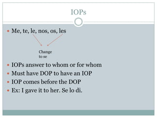 IOPsMe, te, le, nos, os, lesIOPs answer to whom or for whomMust have DOP to have an IOPIOP comes before the DOPEx: I gave it to her. Se lo di. Change to se