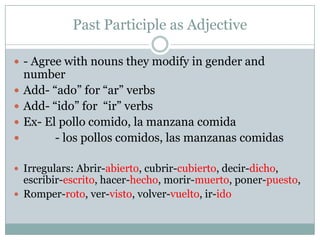 Past Participle as Adjective- Agree with nouns they modify in gender and numberAdd- “ado” for “ar” verbsAdd- “ido” for  “ir” verbsEx- El pollocomido, la manzana comida           - los polloscomidos, lasmanzanascomidasIrregulars: Abrir-abierto, cubrir-cubierto, decir-dicho, escribir-escrito, hacer-hecho, morir-muerto, poner-puesto, Romper-roto, ver-visto, volver-vuelto, ir-ido
