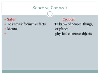 Saber vsConocerSaber  ConocerTo know informative facts           To know of people, things,Mental                                               or places                                                           physical concrete objects