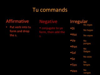 Tu commands Affirmative Put verb into tu form and drop the s. Negative conjugate to yo form, then add the s . Irregular Di Haz Ve Pon Sal Se Ten Ven No digas No hagas No vayas No pongas No Salgas No seas No tengas No vengas 