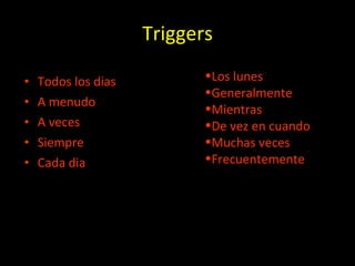 Triggers Todos los dias A menudo  A veces Siempre Cada dia Los lunes Generalmente Mientras De vez en cuando Muchas veces Frecuentemente 
