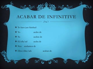 ACABAR DE INFINITIVE

 To have just finished

 Yo                acabo de

 Tu                acabas de

 El/ella/ud        acaba de

 Nos    acabamos de

 Ellos/ellas/uds               acaban de
 