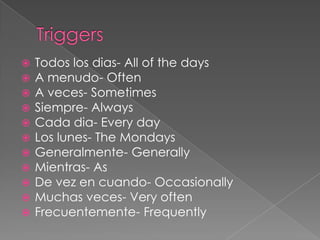    Todos los dias- All of the days
   A menudo- Often
   A veces- Sometimes
   Siempre- Always
   Cada dia- Every day
   Los lunes- The Mondays
   Generalmente- Generally
   Mientras- As
   De vez en cuando- Occasionally
   Muchas veces- Very often
   Frecuentemente- Frequently
 