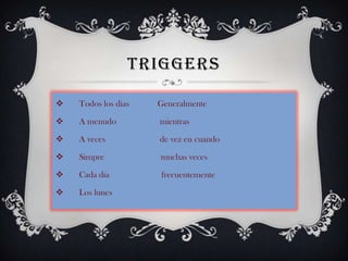 TRIGGERS

   Todos los dias   Generalmente

   A menudo         mientras

   A veces          de vez en cuando

   Simpre           muchas veces

   Cada dia         frecuentemente

   Los lunes
 