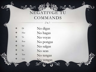 NEGATIVGE TU
           COMMANDS

   Di      No digas
   Haz     No hagas
   Ve      No voyas
   Pon     No pongas
   Sal
            No salgas
   Se
            No seas
   Ten
            No tengas
   ven
            No vengas
 