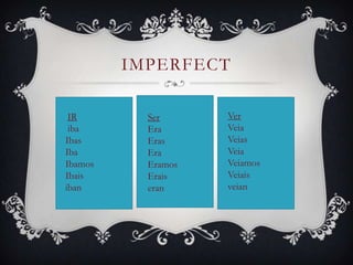 IMPERFECT

 IR        Ser      Ver
 iba       Era      Veia
Ibas       Eras     Veias
Iba        Era      Veia
Ibamos     Eramos   Veiamos
Ibais      Erais    Veiais
iban       eran     veian
 