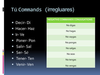 Tú Commands (irregluares)
               NEGATIVE COMMANDS CONJUGATIONS
 Decir- Di
                           No digas
 Hacer- Haz               No hagas
 Ir- Ve                  No vaygas
 Poner- Pon              No pongas
 Salir- Sal               No salgas
 Ser- Sé                  No seas

 Tener- Ten              No tengas

 Venir- Ven              No vengas
 